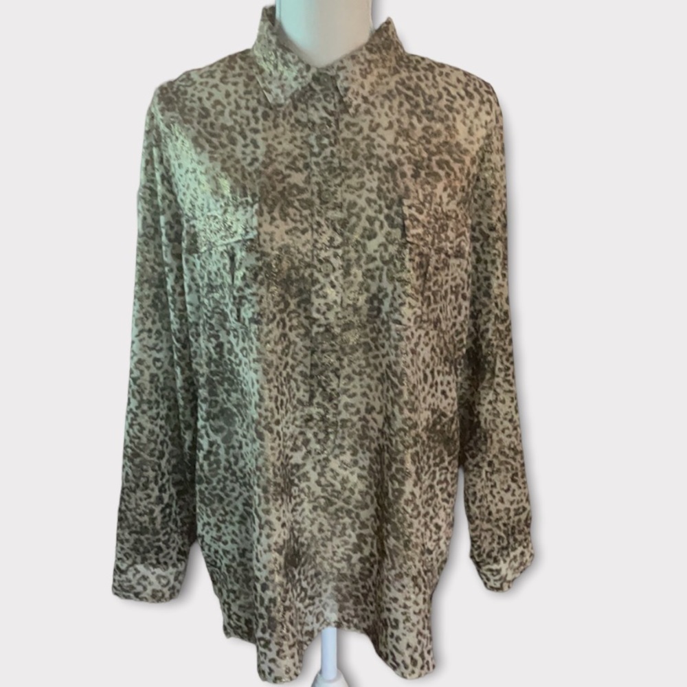 Chicos Champaign Gold Animal Print Long Sleeve Relaxed Fit Blouse Size M (12)